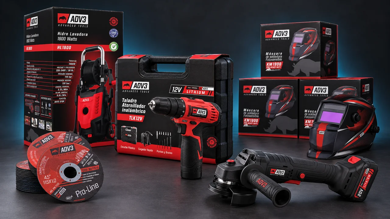 Marca ADV3 aplicada a herramientas y packaging