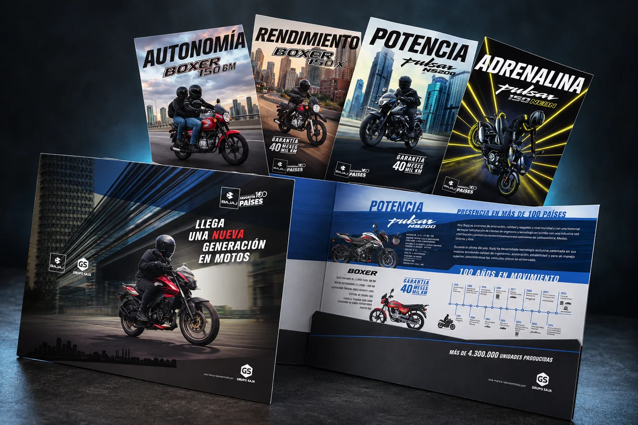Carpeta comercial y flyers · Bajaj Paraguay para Bajaj