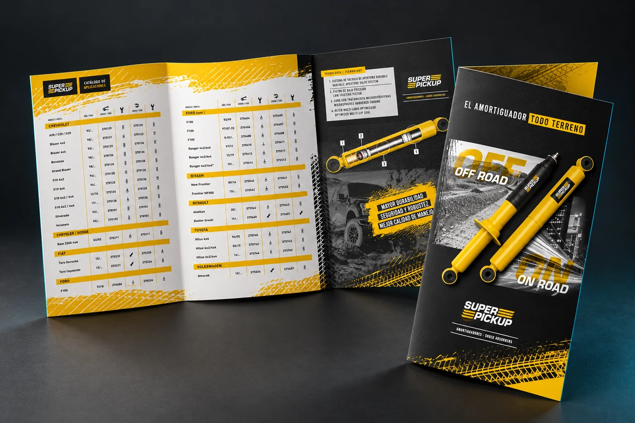 Tríptico Super Pickup · Diseño editorial