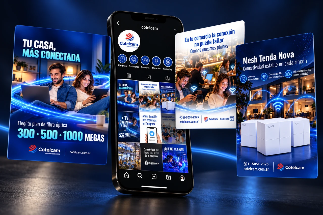 Gestión de redes de Cotelcam: grilla de Instagram y publicaciones en un celular