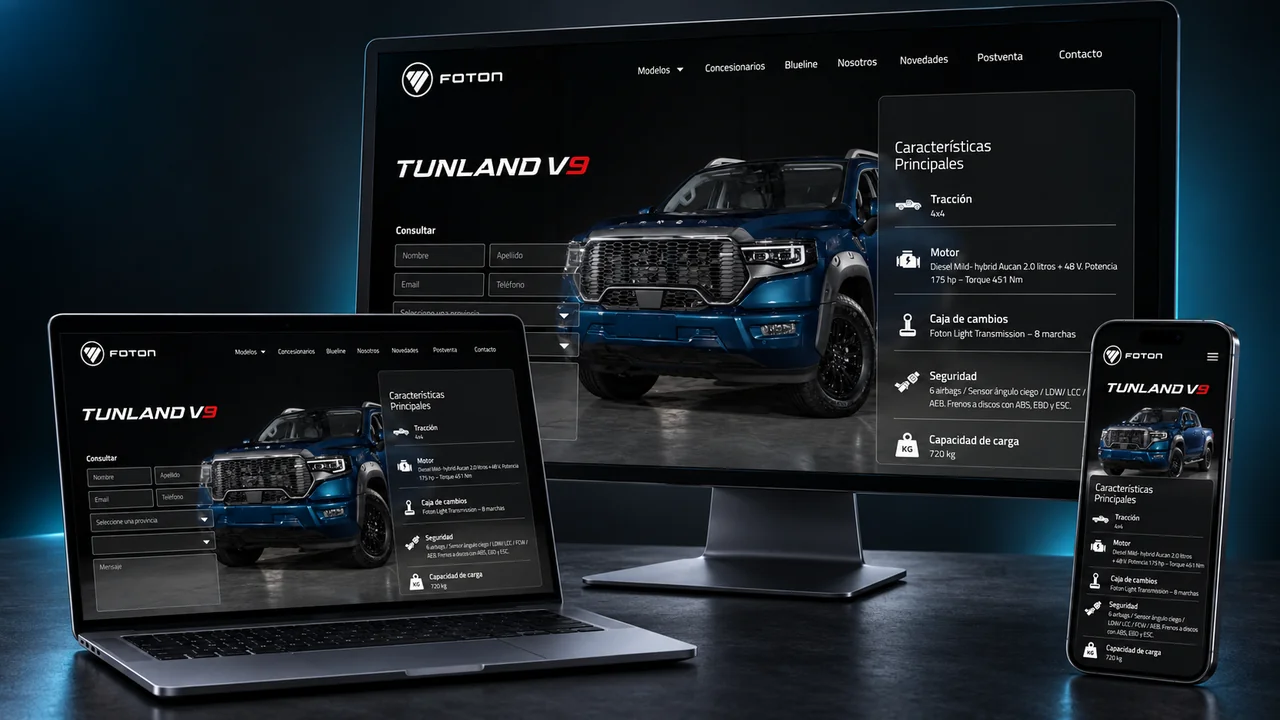 Sitio web de Foton: Tunland V9 en computadora, notebook y celular