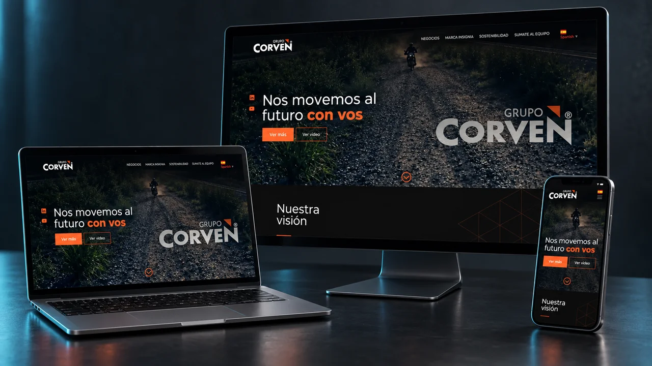Sitio web de Grupo Corven presentado en computadora, notebook y celular