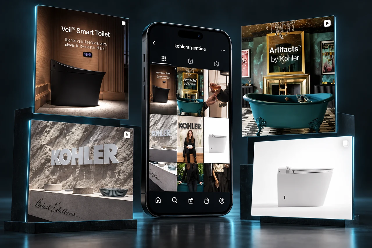 Kohler Argentina: grilla de Instagram y publicaciones en perspectiva alrededor de un celular