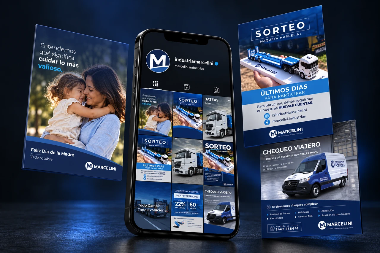 Gestión de redes de Marcelini: grilla de Instagram y publicaciones en un celular