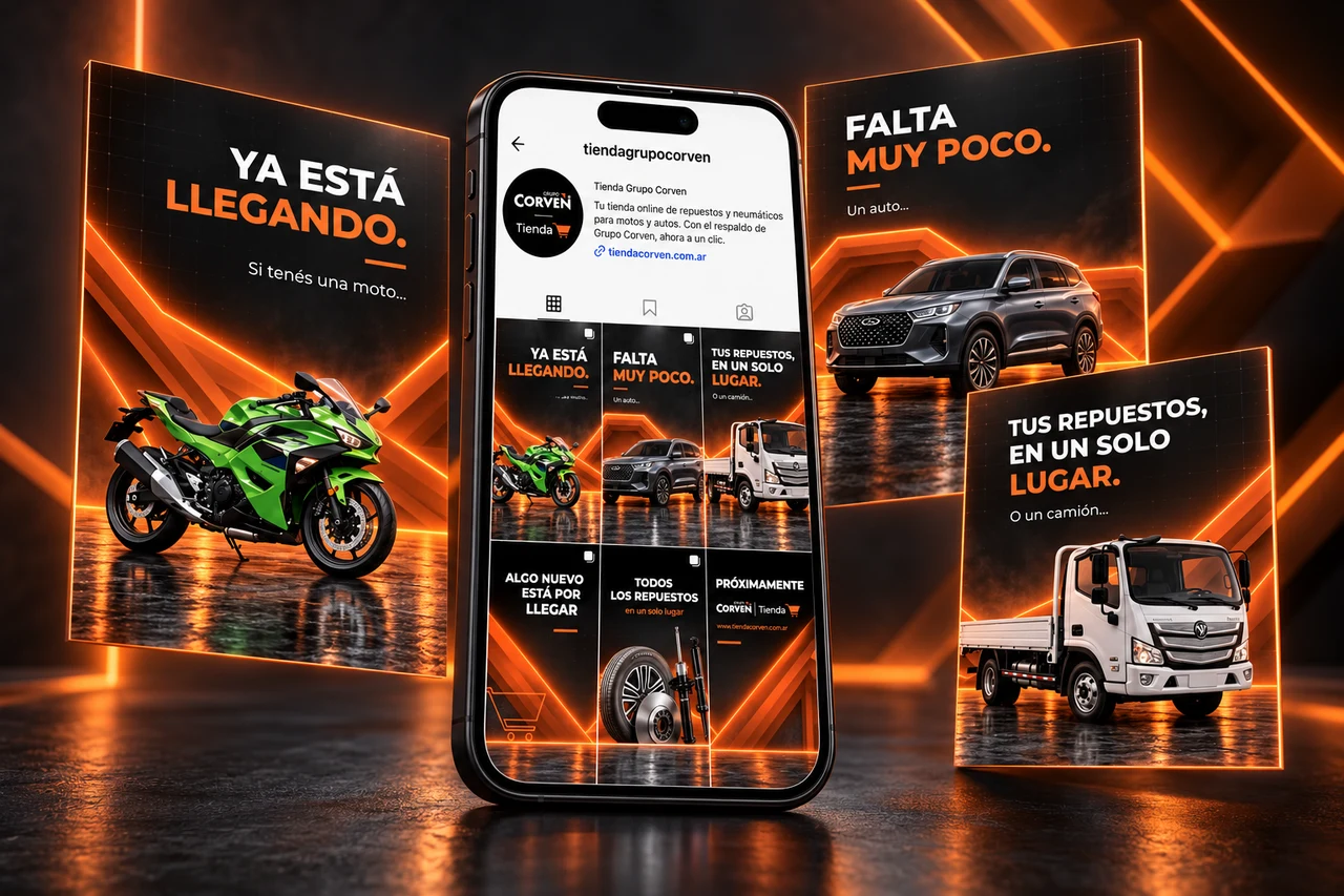 Gestión de redes de Tienda Grupo Corven: grilla de Instagram y publicaciones en un celular