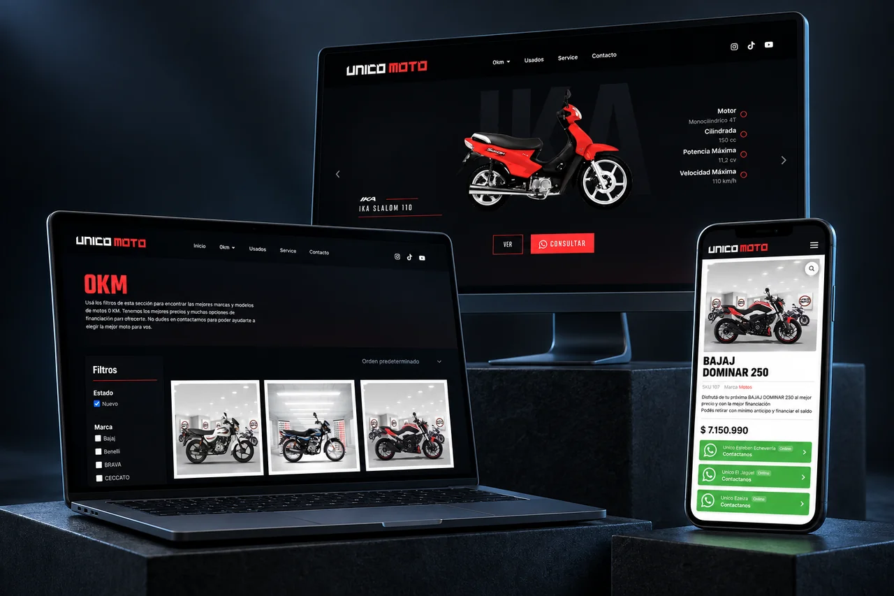 Diseño web · Inicio, catálogo y ficha de producto para Unico Motos
